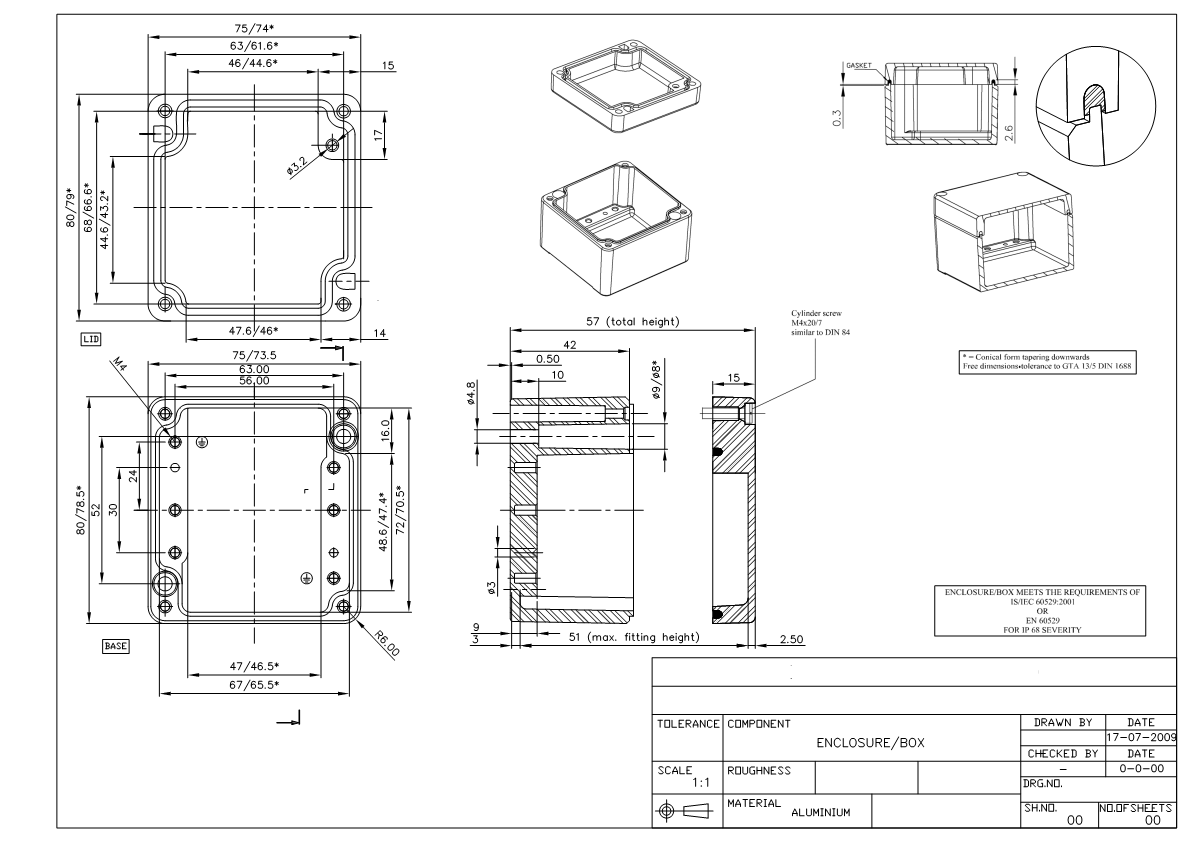Technische Zeichnung der efabox dem Aluminiumdruckgussgehäuse in der Abmessung 75x80x57mm IP68 Silikondichtung unbeschichtet